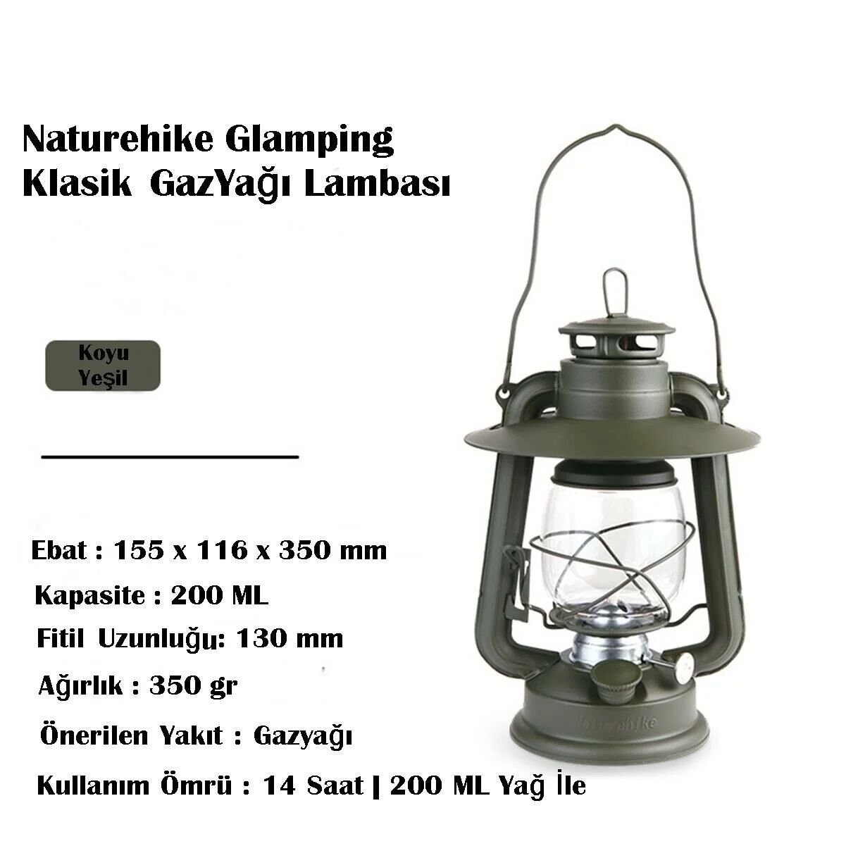 Naturehike Glamping Klasik Gaz Yağı Lambası Koyu Yeşil