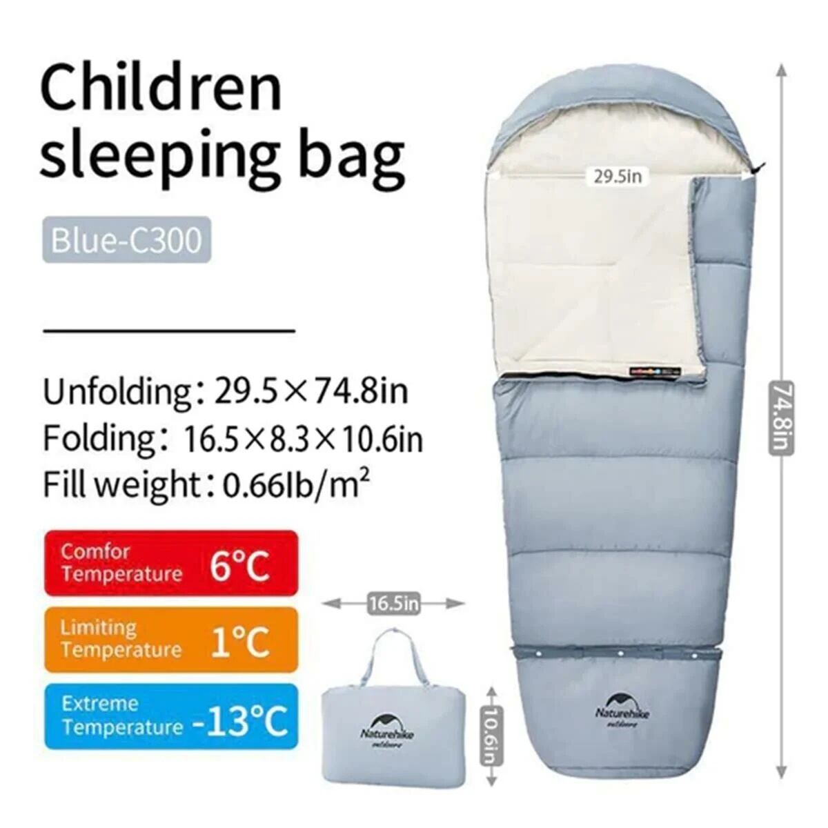 Naturehike C300 UltraLight Pamuklu Çocuk Uyku Tulumu -13°C Sağ - Mavi